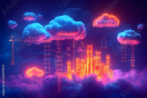 Glowing Futuristic City Being Built in the Clouds with Levitating Cranes and Ladders