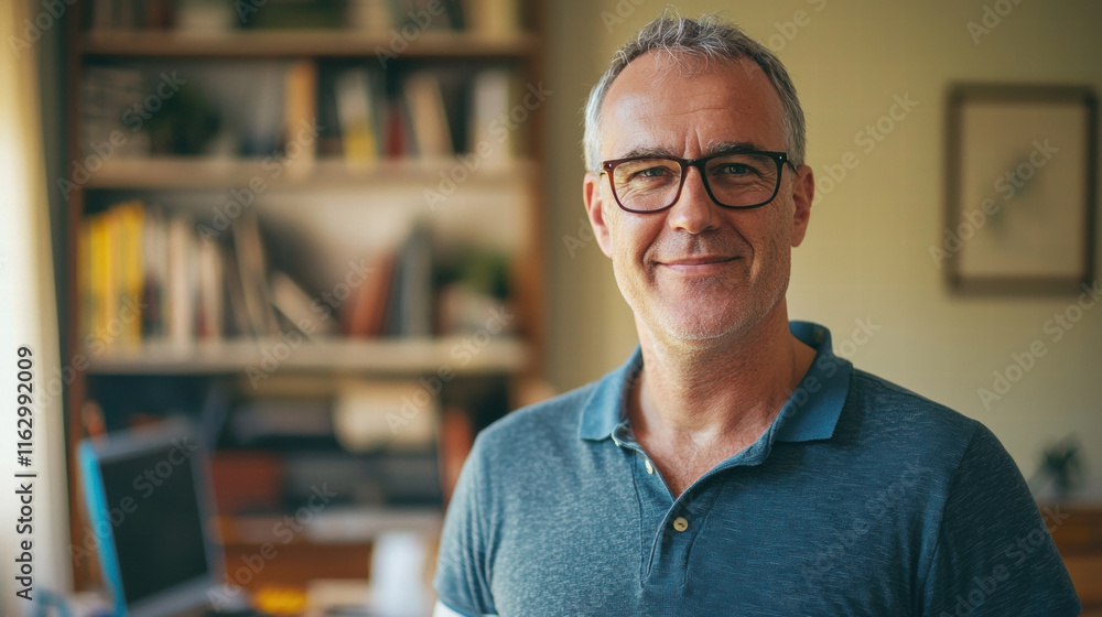 Portrait of a cheerful middle-aged man with glasses, wearing a polo shirt, standing in his home office, looking warmly into the camera Portrait of a cheerful middle-aged man with glasses, wearing a polo shirt, standing in his home office, looking warmly into the camera