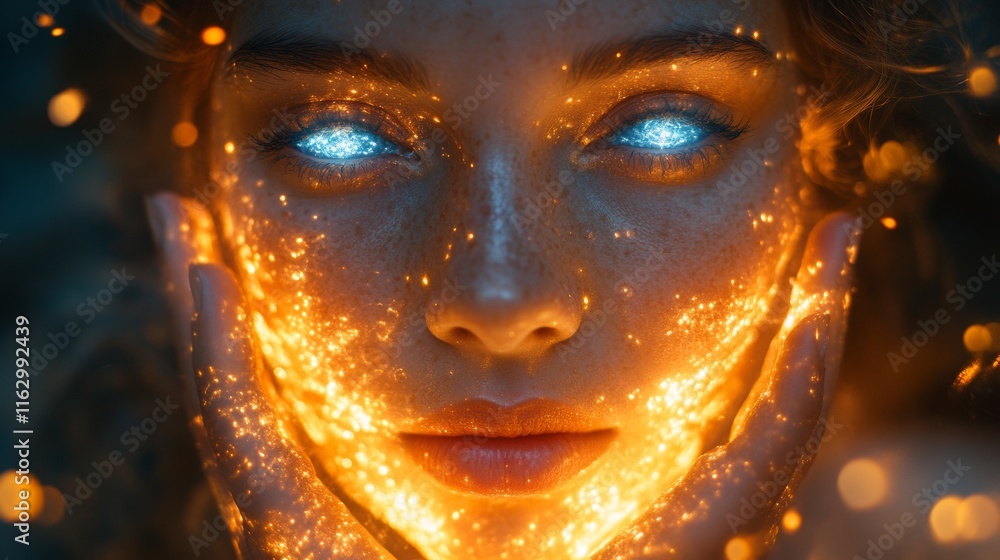 Portrait of a woman with glowing golden face art Portrait of a woman with glowing golden face art