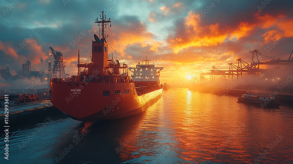Fototapeta premium Cargo Ship at Sunset in Industrial Harbor