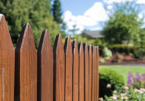 Brown Wooden Picket Fence in Garden Setting, Summer Day photo