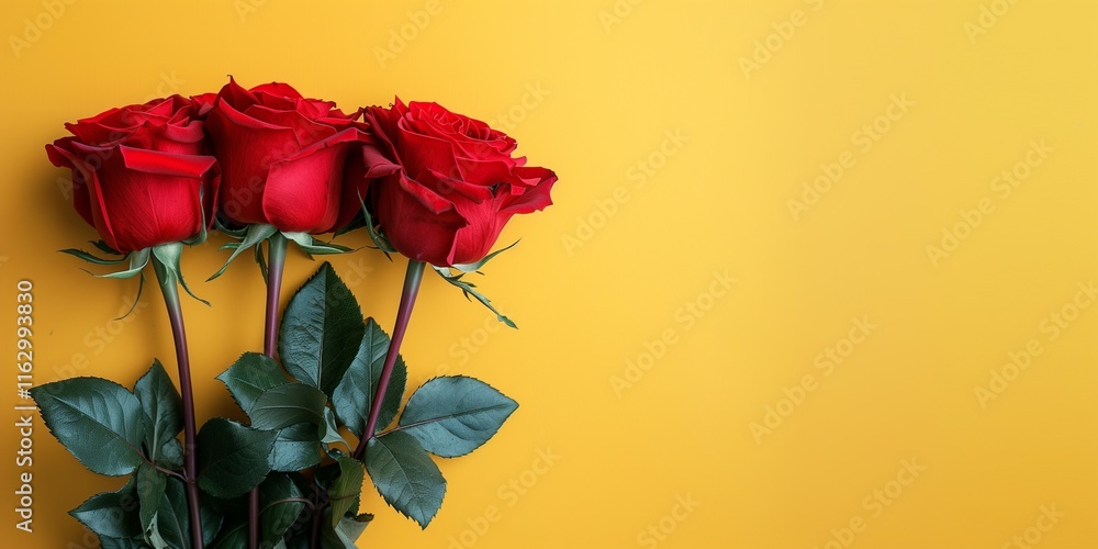 Bunch of three red roses on a vivid yellow background with copy space. Bunch of three red roses on a vivid yellow background with copy space.