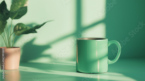 an mint green colored mug without beverage isolated on awesome background photo