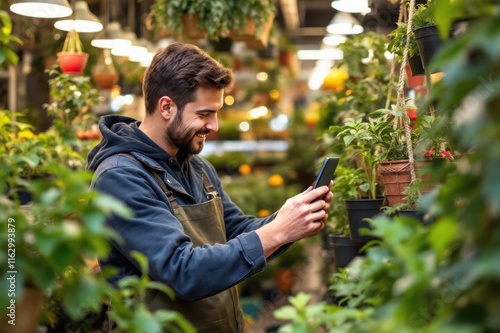 Plant shop owner taking photo of plant to sell online photo