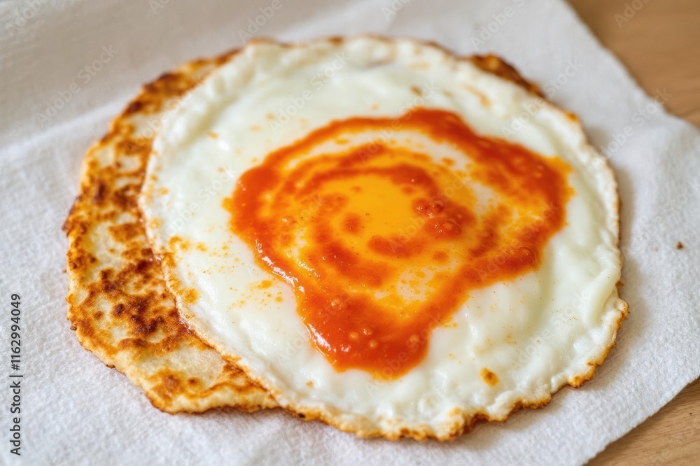Fried egg with tomato sauce on a kitchen towel, Fried egg with tomato sauce on a kitchen towel,