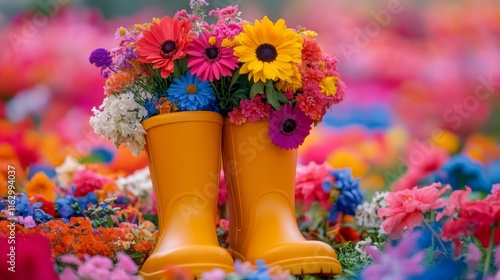 Wallpaper Mural Colorful Flowers Blooming Inside Yellow Boots Torontodigital.ca