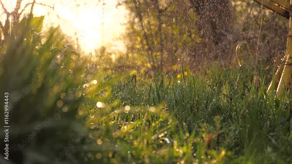 the earth is hydrated and content., harmony between earth and sky, heavy rain falls on the green grass, droplets linger before they fall, a symphony of nature unfolds, the lawn absorbs the fresh rain the earth is hydrated and content., harmony between earth and sky, heavy rain falls on the green grass, droplets linger before they fall, a symphony of nature unfolds, the lawn absorbs the fresh rain