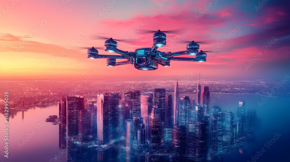 Drone photography of a futuristic floating city with high-tech skyscrapers and hovering transport set against a neon sky Drone photography of a futuristic floating city with high-tech skyscrapers and hovering transport set against a neon sky