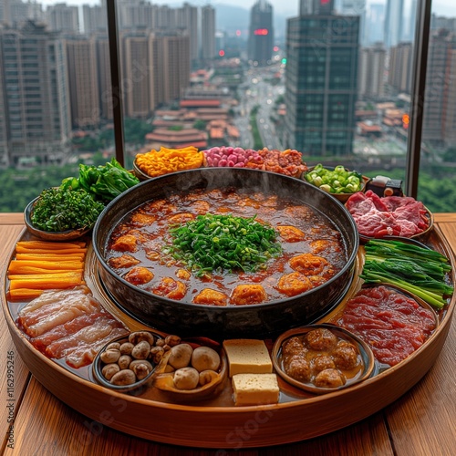 Authentic Chinese Hot Pot Dining Experience in Urban Skyline Setting with Fresh Vegetables, Assorted Meats, Vibrant Cityscape, Perfect for Food Lovers photo