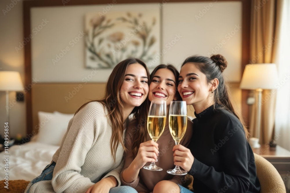 Happy women friends drinking champagne and taking selfie in hotel room Happy women friends drinking champagne and taking selfie in hotel room