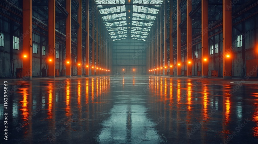 Fototapeta premium Wet Factory Floor With Orange Lights Reflecting