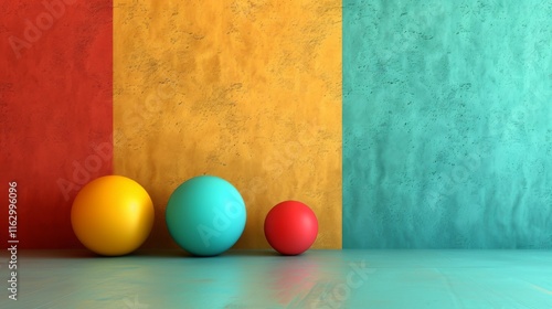 Colorful geometric composition with spheres and blocks in vibrant tones The image features a mixture of warm and cool colors in abstract forms, creating a playful atmosphere photo