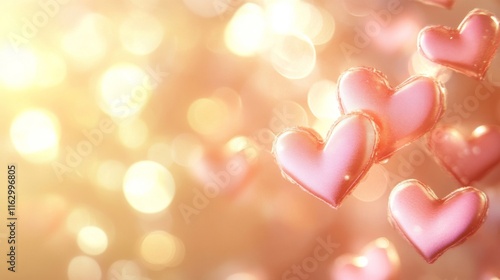 Pink Hearts Floating in Golden Light Background