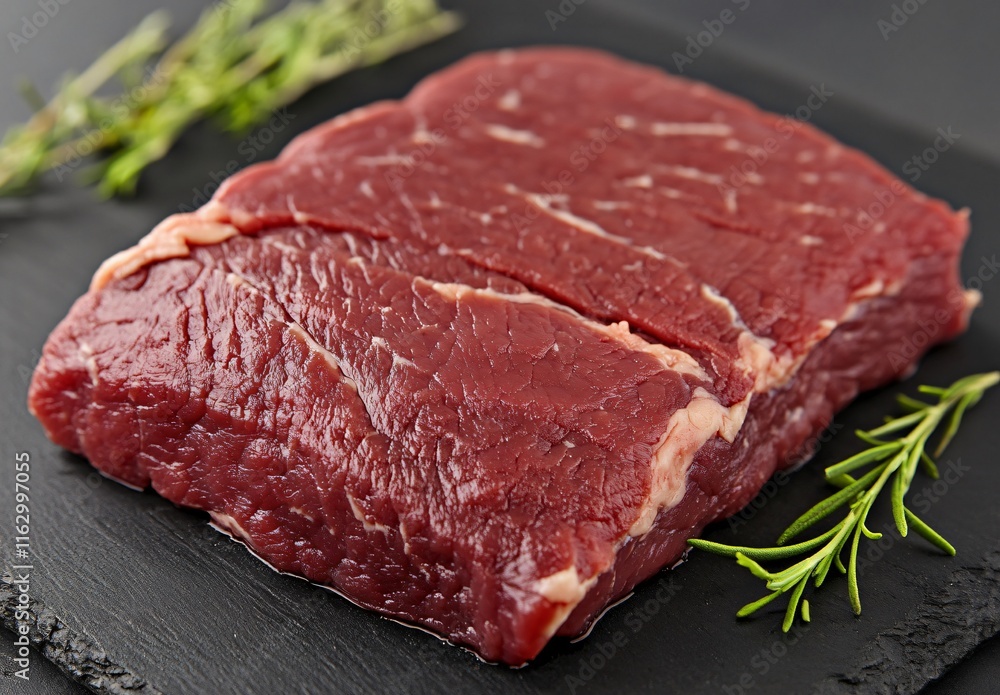 Fototapeta premium Raw Beef Steak on Black Stone, Close-up View with Rosemary