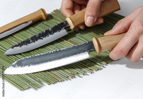 Handcrafted Japanese Style Knives on Bamboo Mat photo