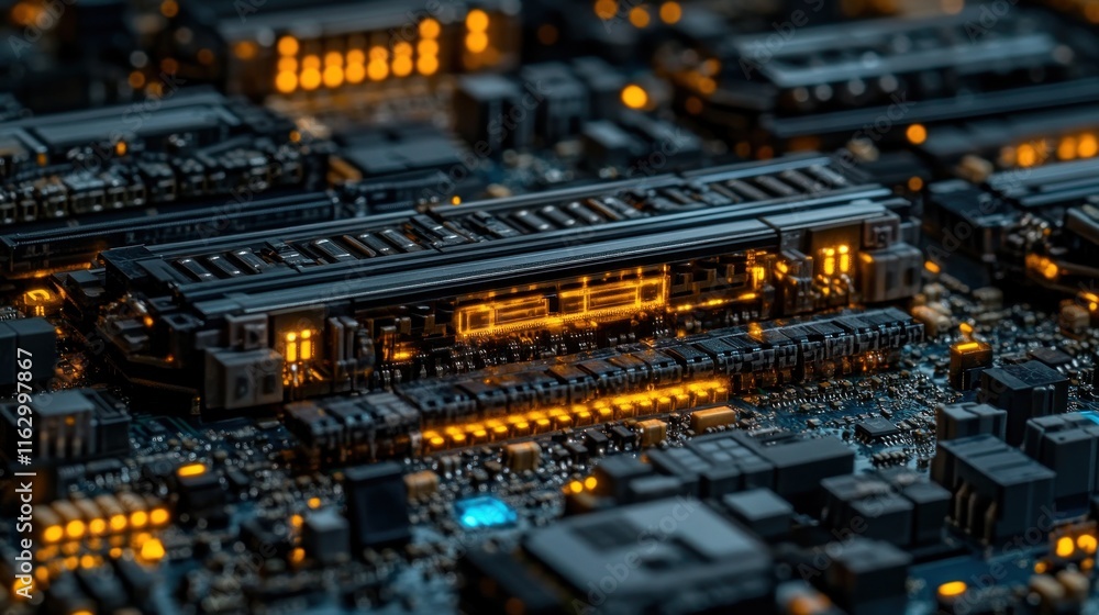 Close-up of a Futuristic Circuit Board with Glowing Components Close-up of a Futuristic Circuit Board with Glowing Components