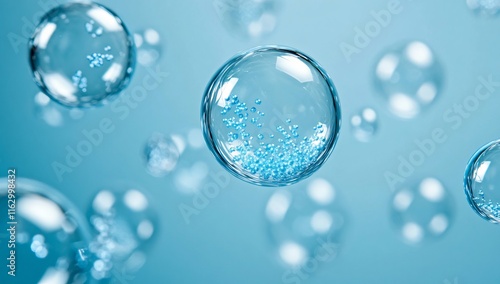 Abstract Blue Bubbles with Tiny Particles:  Science, Skincare, or Cosmetics Concept