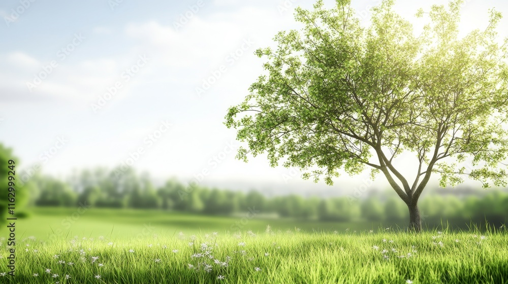 Fototapeta premium Lush green field with a solitary tree.