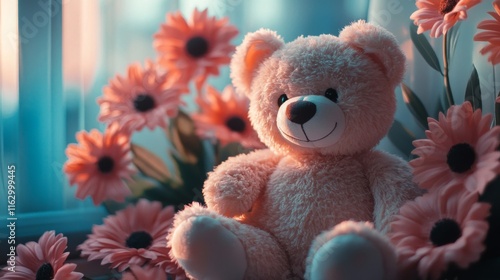 Pink Teddy Bear Among Pink Flowers Near Window