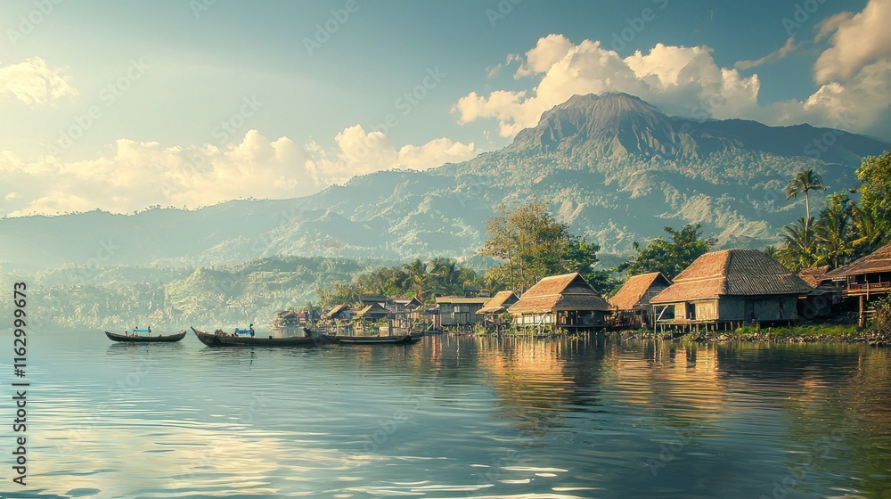 Naklejka premium Serene lakeside village with mountains in the background.