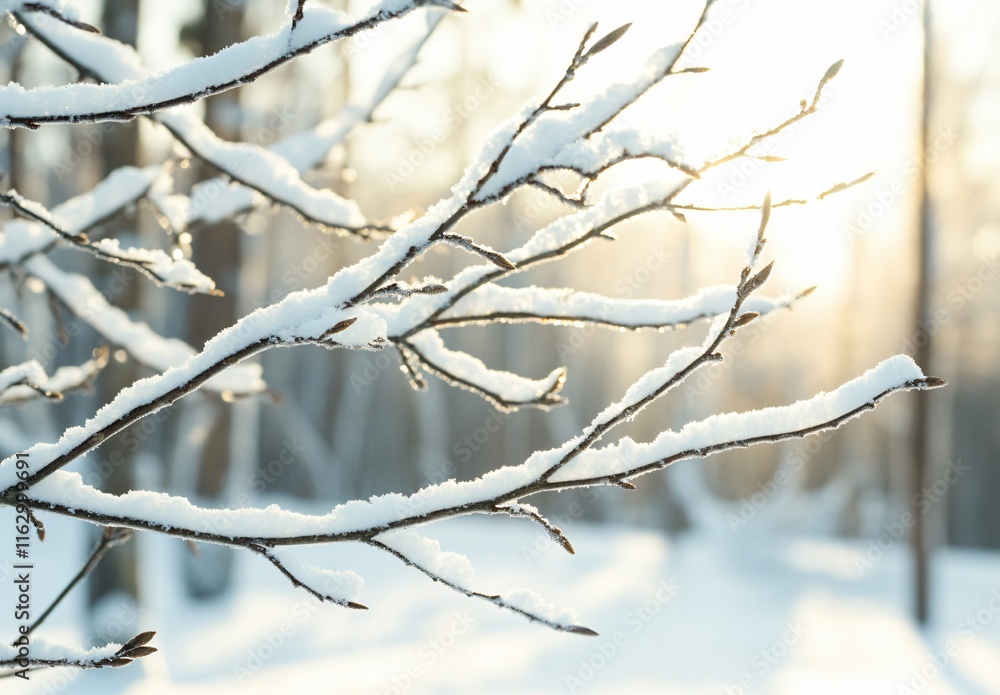 Snow Covered Branches Winter Wonderland Sunrise Scene Snow Covered Branches Winter Wonderland Sunrise Scene