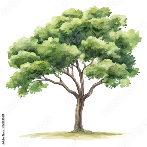 A watercolor painting of a teak tree, isolated on a white background. Teak vector.
