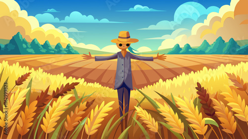 A golden wheat field stretching to the horizon, with a single scarecrow standing in the middle and a soft wind rippling through the crops