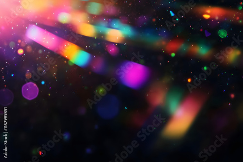 Iridescent prism light effect on black background, rainbow of colors on the black background. Glowing colorful lights and a bokeh lens flare with space, abstract refraction of sunlight prism effect photo