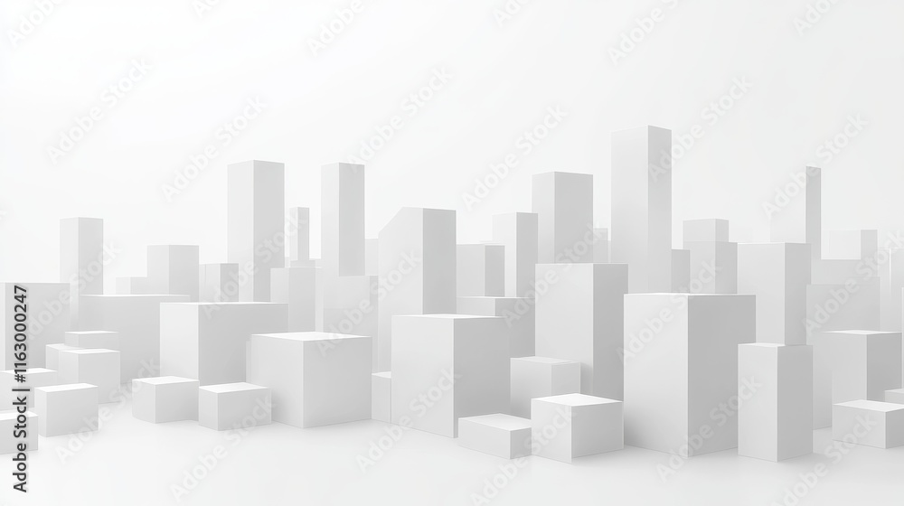 Minimalist cityscape with white geometric structures. Minimalist cityscape with white geometric structures.