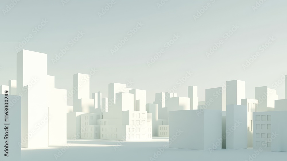 Minimalist cityscape with white geometric structures. Minimalist cityscape with white geometric structures.