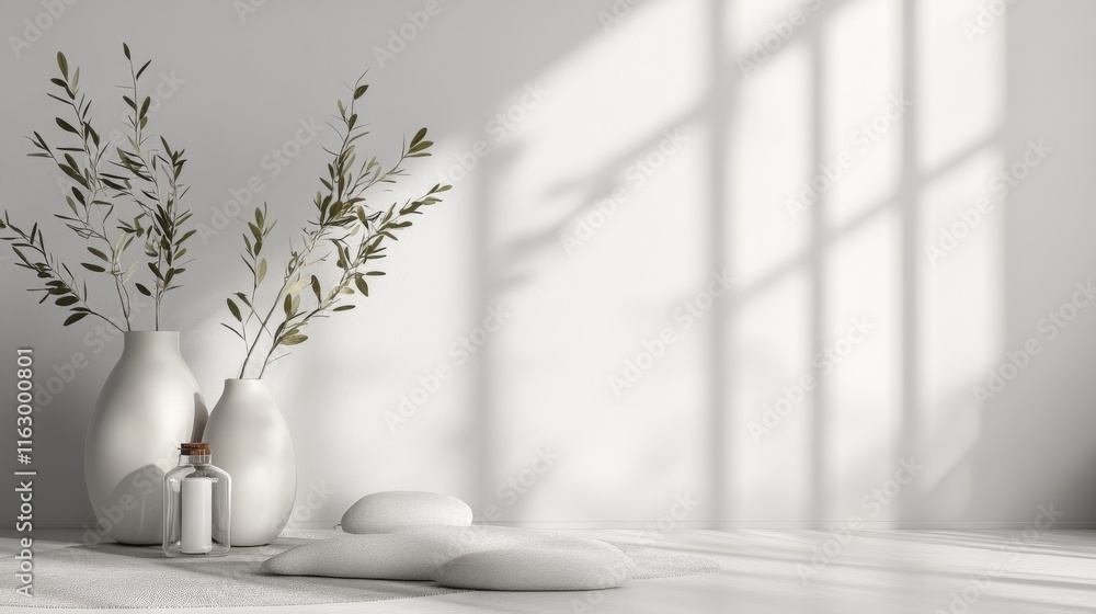 Minimalist interior with vases and natural elements. Minimalist interior with vases and natural elements.
