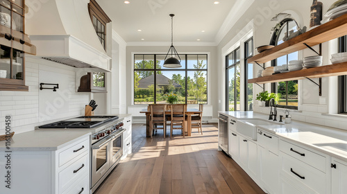 Wallpaper Mural Spacious, modern kitchen with white cabinets, wooden shelves, and large windows providing ample natural light and outdoor views Torontodigital.ca