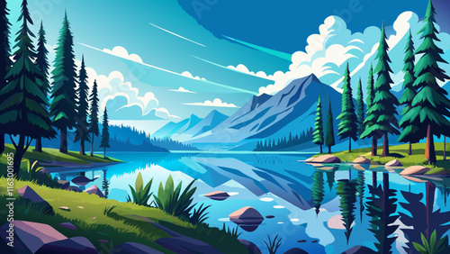 A peaceful lakeside view surrounded by tall pine trees, the water perfectly still and reflecting the blue sky and passing clouds