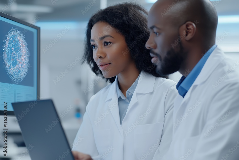 Two doctors are looking at a computer screen with a 3D image of a cell. They are discussing the image and its implications for their research Two doctors are looking at a computer screen with a 3D image of a cell. They are discussing the image and its implications for their research