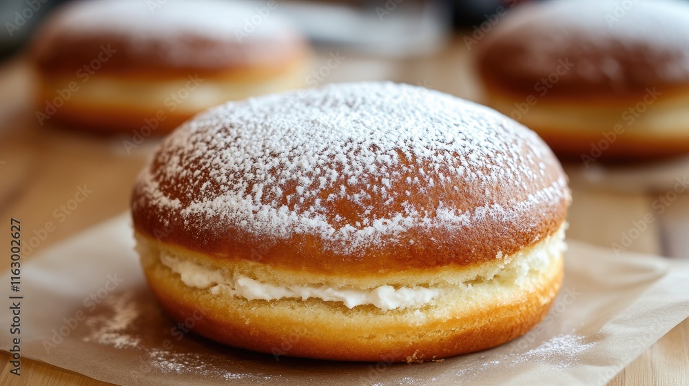 Swedish queen cake beautifully dusted with powdered sugar served on a rustic wooden table showcasing its delicious creamy filling Swedish queen cake beautifully dusted with powdered sugar served on a rustic wooden table showcasing its delicious creamy filling