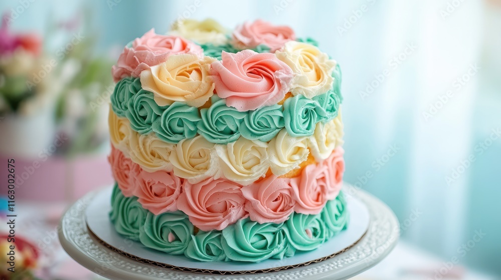 Colorful Layer Cake with Mint Green Fondant and Creamy Rose Decorations Perfect for Celebrations and Special Occasions Colorful Layer Cake with Mint Green Fondant and Creamy Rose Decorations Perfect for Celebrations and Special Occasions