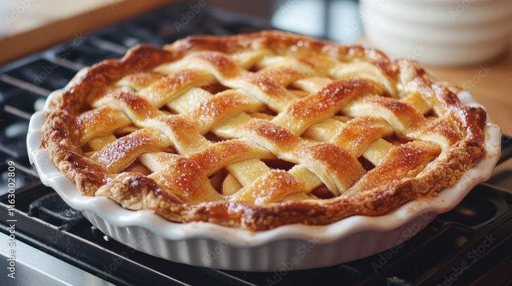 Delicious Homemade Upside Down Apple and Pear Pie in a Golden Brown Lattice Crust on a Kitchen Countertop Delicious Homemade Upside Down Apple and Pear Pie in a Golden Brown Lattice Crust on a Kitchen Countertop