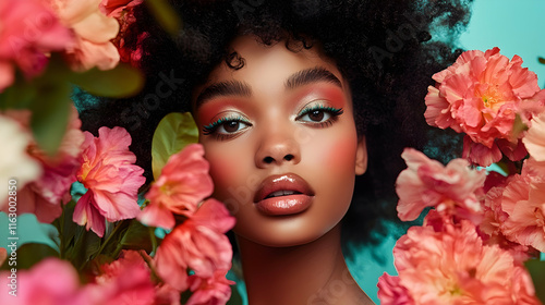 Striking portrait blending creative makeup and textures, with vibrant flowers against a dynamic backdrop