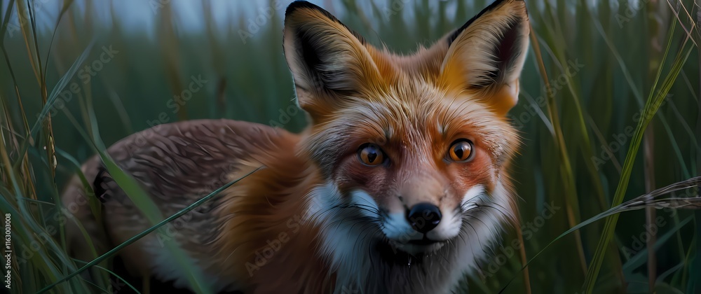 Fototapeta premium A close up of a curious red fox peeking through tall grass its vibrant fur and intelligent eyes showcasing its cunning nature. Extremely detailed high resolution illustration.