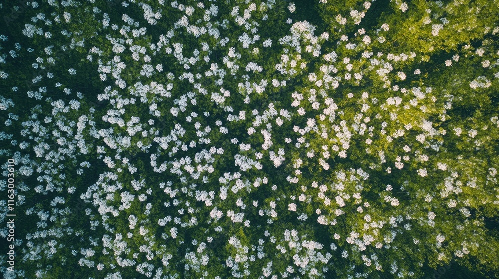 Aerial view of lush green field adorned with blooming white flowers in springtime capturing nature's vibrant beauty and renewal