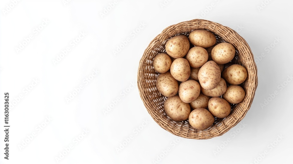 Basket filled with fresh potatoes viewed from above on a white background showcasing organic produce and natural food concepts Basket filled with fresh potatoes viewed from above on a white background showcasing organic produce and natural food concepts