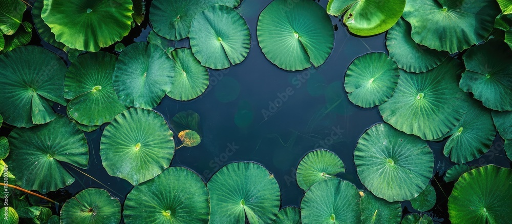 Aerial view of vibrant green lotus leaves floating on tranquil pond surface with ample negative space for text or design insertion