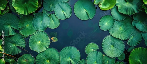 Obraz na płótnie Aerial view of vibrant green lotus leaves floating on tranquil pond surface with ample negative space for text or design insertion w salonie