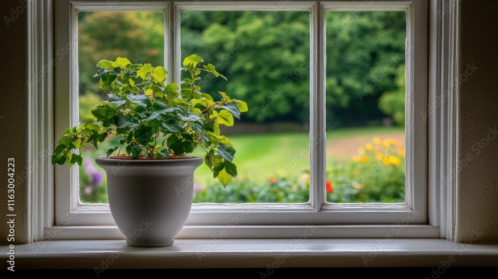 Serene Window View: A potted plant sits on a windowsill, overlooking a lush green garden. Serene Window View: A potted plant sits on a windowsill, overlooking a lush green garden.