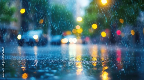 Rainy urban sidewalk with blurred pedestrians and cars, colorful bokeh effect and reflections on wet pavement creating a moody atmosphere photo