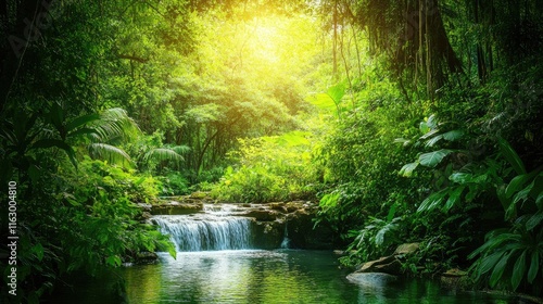 Serene Jungle Landscape Featuring Cascading Waterfall and Lush Green Foliage Under Soft Morning Light