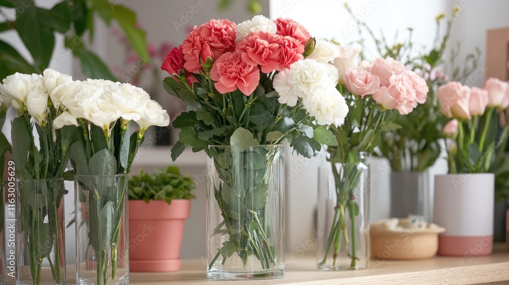 Elegant arrangement of white and pink carnations in glass vases showcasing floral beauty on a stylish shelf with greenery decor. Elegant arrangement of white and pink carnations in glass vases showcasing floral beauty on a stylish shelf with greenery decor.
