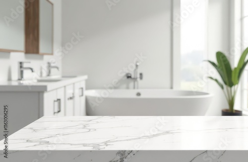 White bathroom interior. Empty marble table top for product display with blurred bathroom interior background. digital ai art 