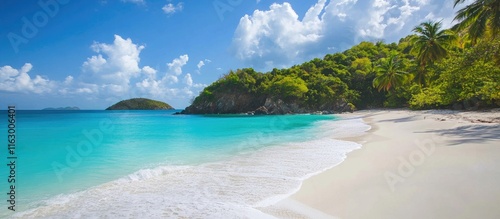 Fototapeta Naklejka Na Ścianę i Meble -  Tranquil Caribbean Beach Scene with Turquoise Water and Lush Palm Trees Ideal for Travel and Vacation Promotions