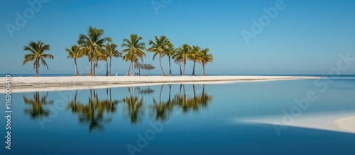 Fototapeta Naklejka Na Ścianę i Meble -  Caribbean Beach Landscape Featuring White Sand Palm Trees Reflected in Tranquil Blue Waters and Clear Sky Ideal for Vacation Themes